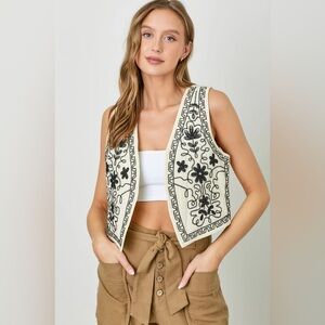 Polagram Embroidered Black and White Boho Vest